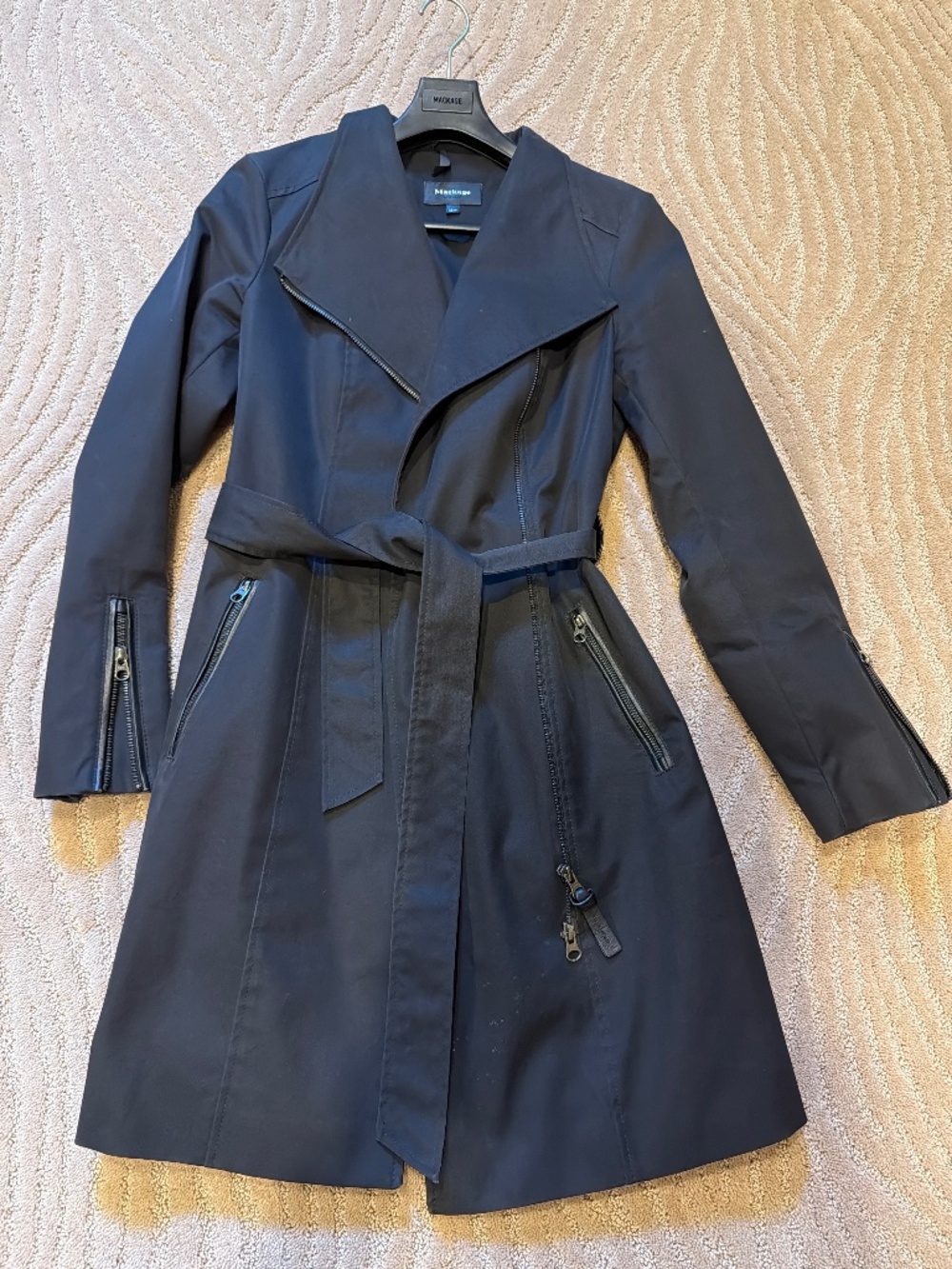 Mackage black leather trim trench coat